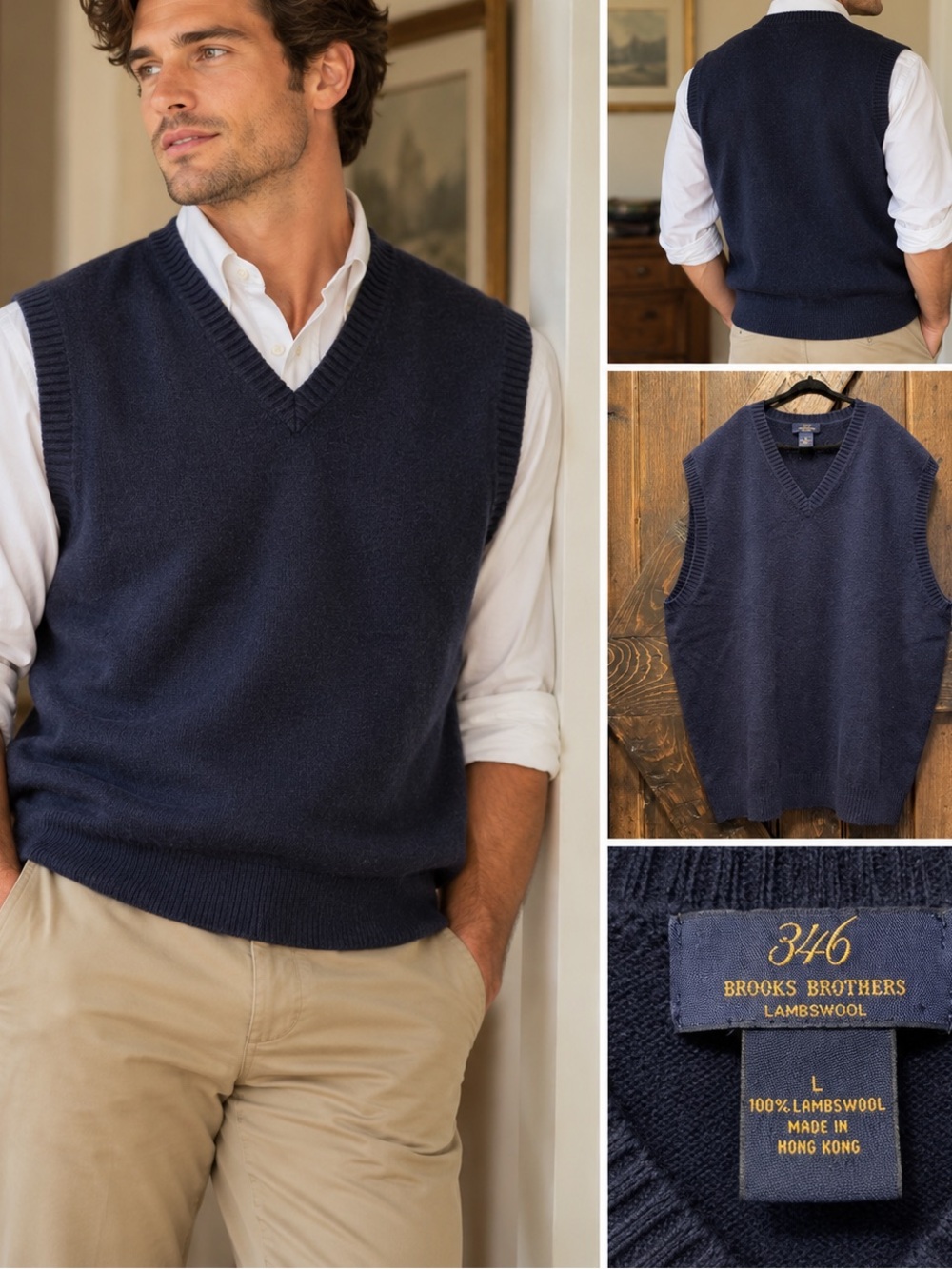 Brooks Brothers 346 Mens L Navy Blue 100% Lambswool V Neck Sweater Vest